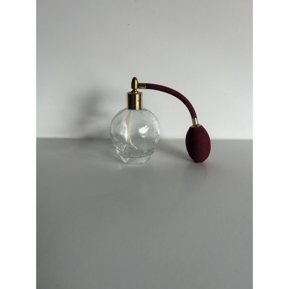 Vintage Atomizer Perfume Bottle Clear Crackle Glass Gold Tone Burgundy Bulb
